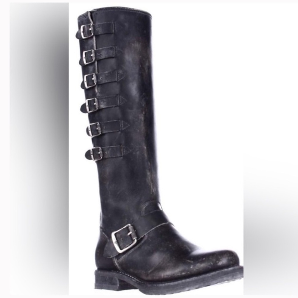 FRYE 'Veronica Belted Tall' Black Leather Buckled High Boots Biker Womens 9